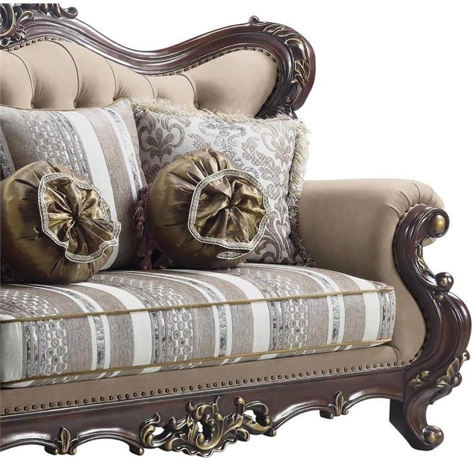 ACME Ragnar Loveseat with 5 Pillows in Light Brown Fabric and Cherry