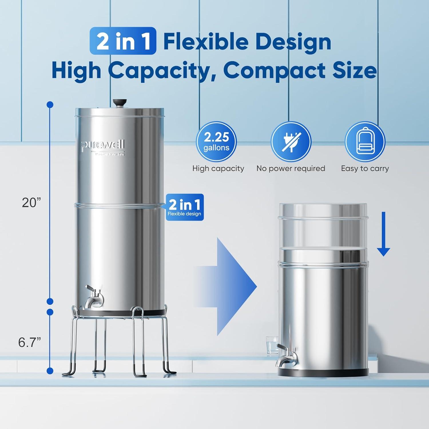 Purewell 3-Stage Stainless Steel Gravity Water Filter System