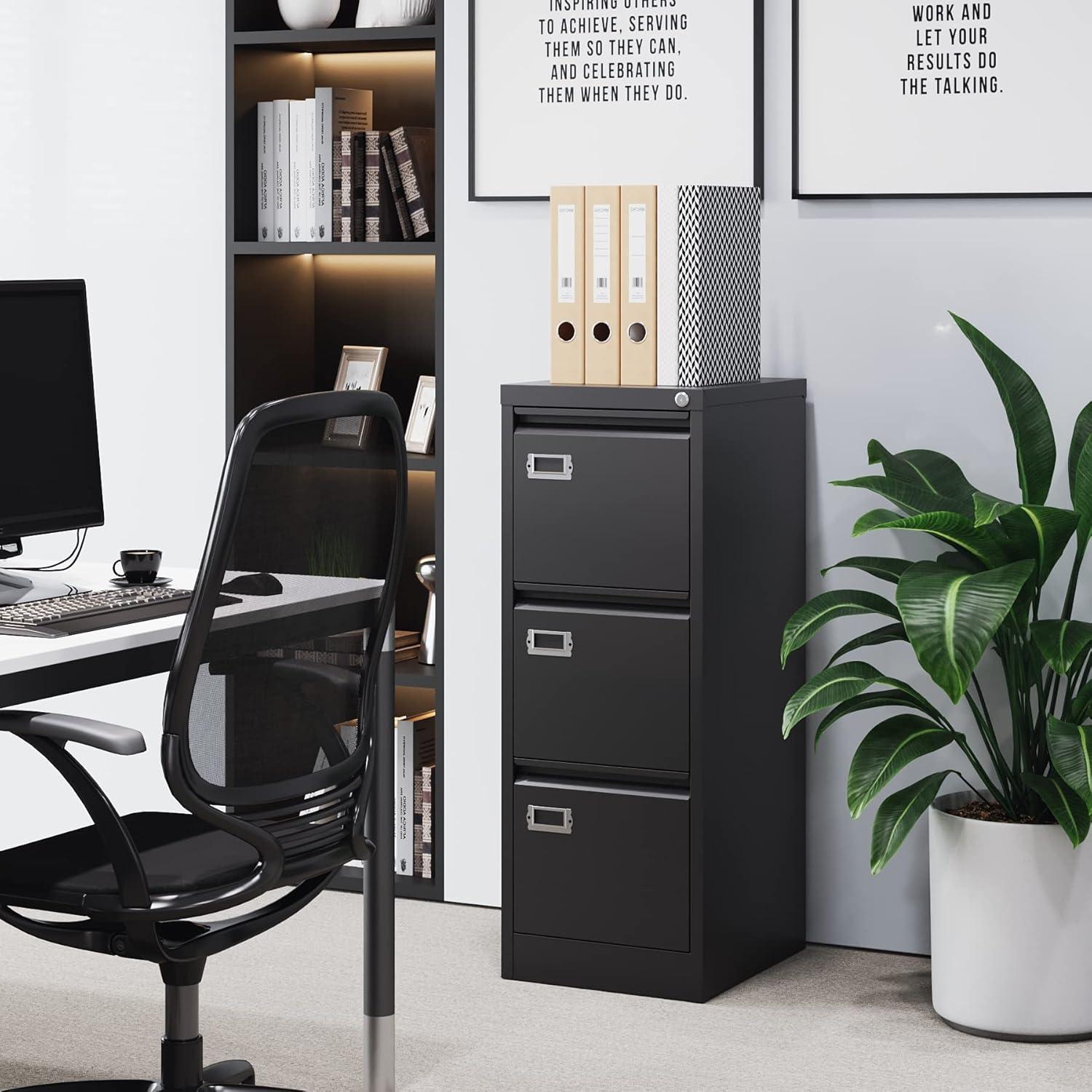 Black 3-Drawer Lockable Metal Vertical File Cabinet