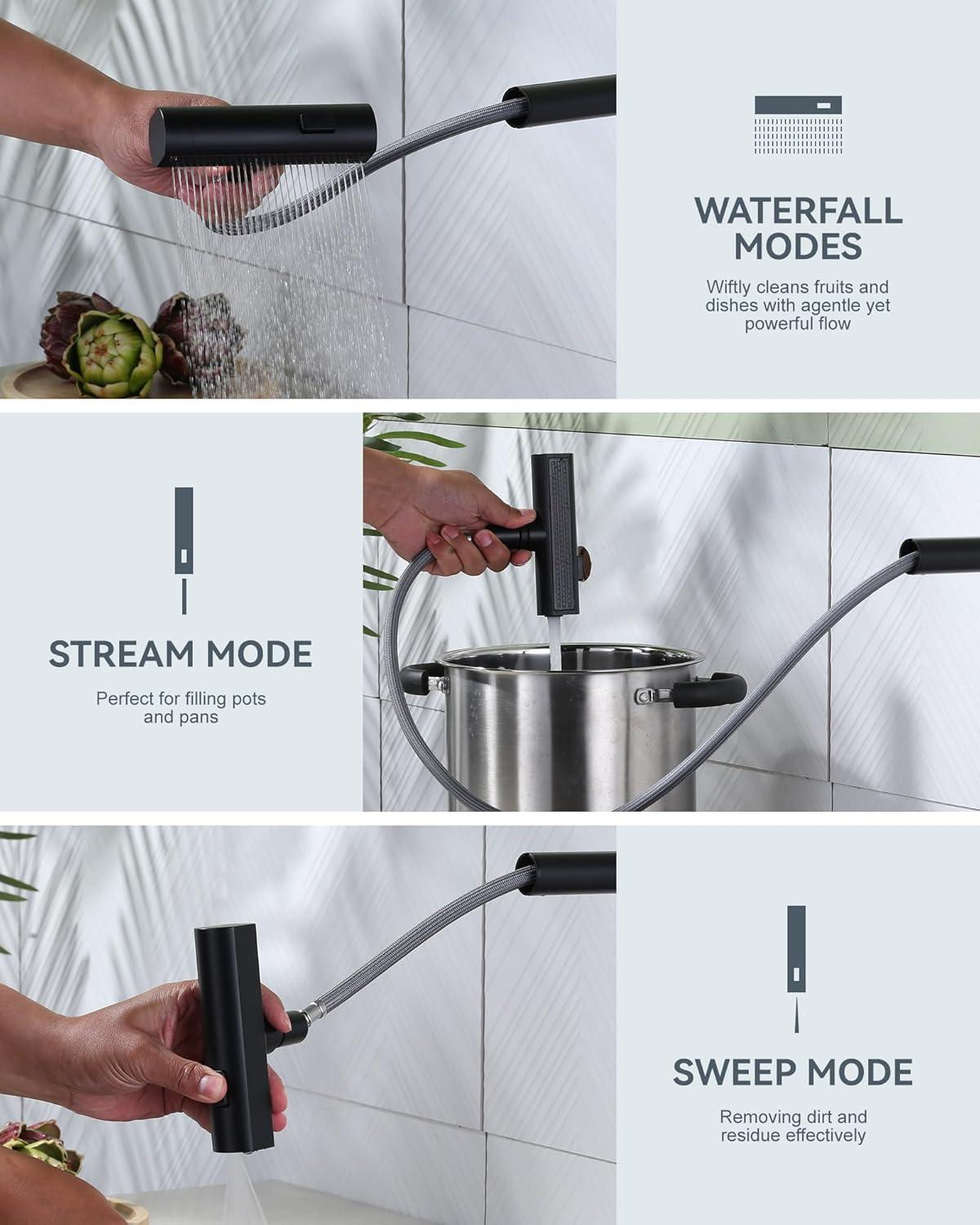 Waterfall Kitchen Faucet with Pull Down Sprayer, Stainless Kitchen Faucet with Sprayer 3 Modes
