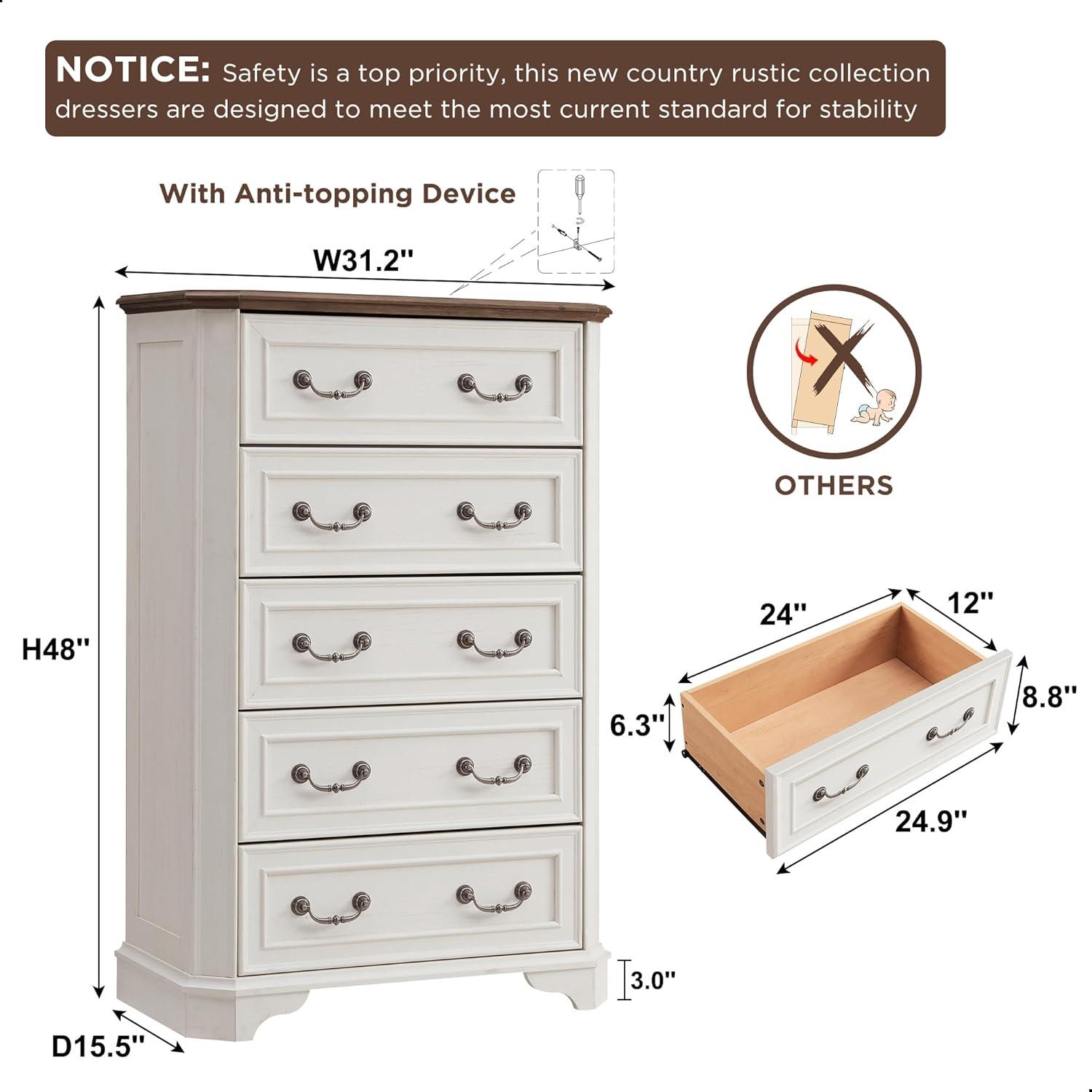 Laurel Foundry Modern Farmhouse® Theron Farmhouse 5 Drawer Bedroom Dresser, Wood Tall Chest of Drawers, Closet Storage for Bedroom