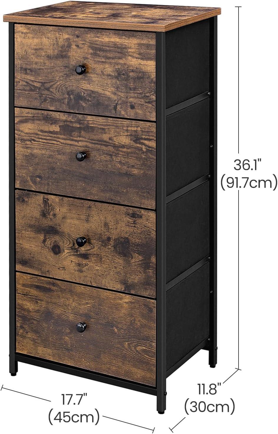 Rustic Brown and Black 4-Drawer Fabric Dresser with Wooden Top