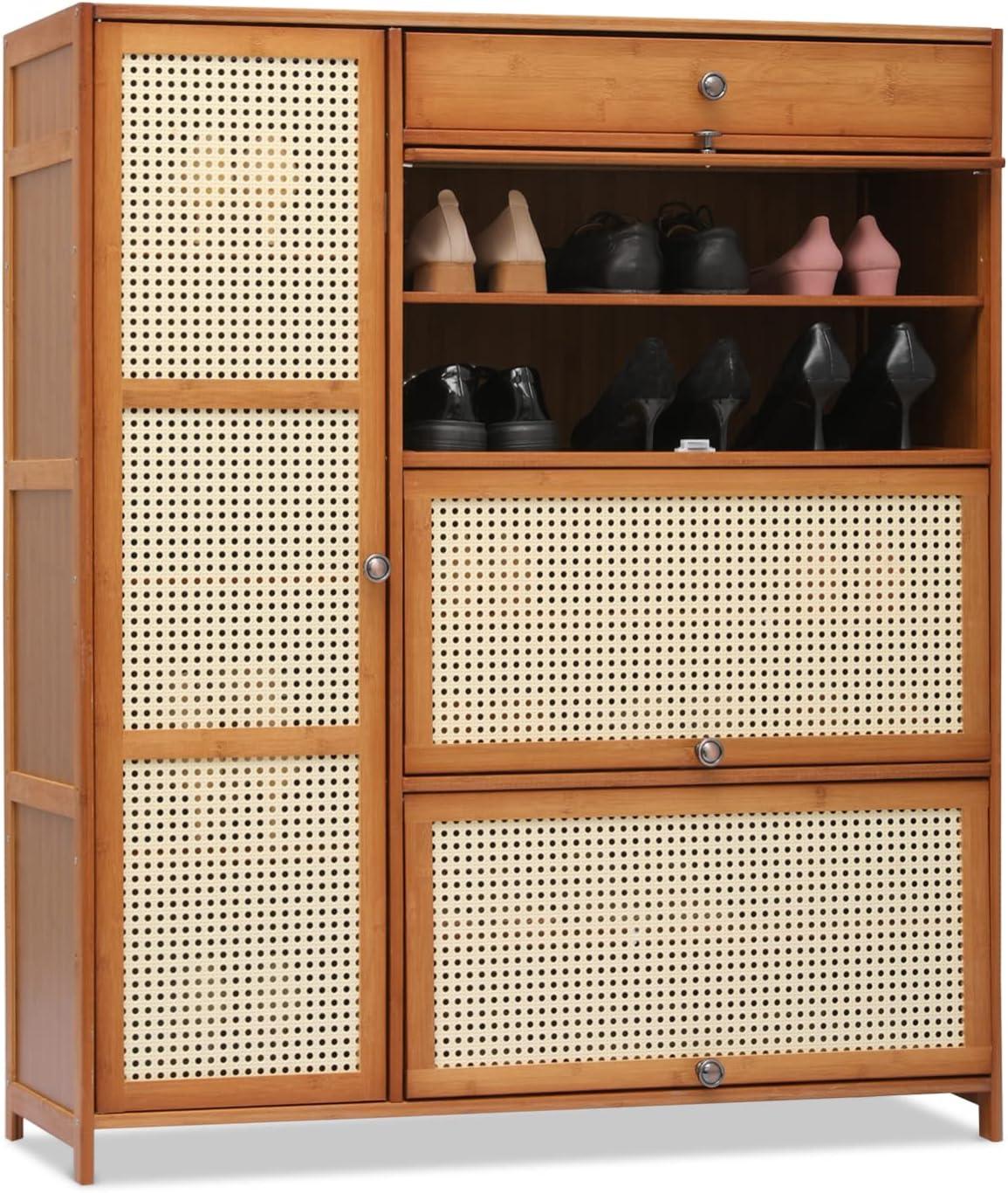 MoNiBloom Bamboo 28 Pairs Shoe Cabinet, 6-Layers Entryway Shoe Storage Cabinet with Rattan Doors and Boots Compartments, Flip-Up Shoe Rack Organizer For Hallway Living Room, Brown