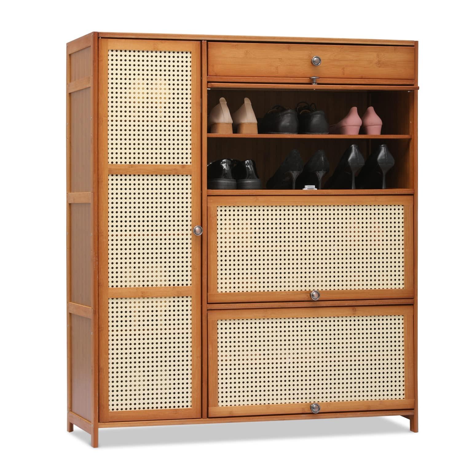 Magshion Bamboo 28 Pairs Shoe Cabinet, 6-Shelves Entryway Shoe Storage Cabinet with 4 Rattan Doors and 4 Compartments, Flip-Up Shoe Rack Organizer For Hallway, Brown
