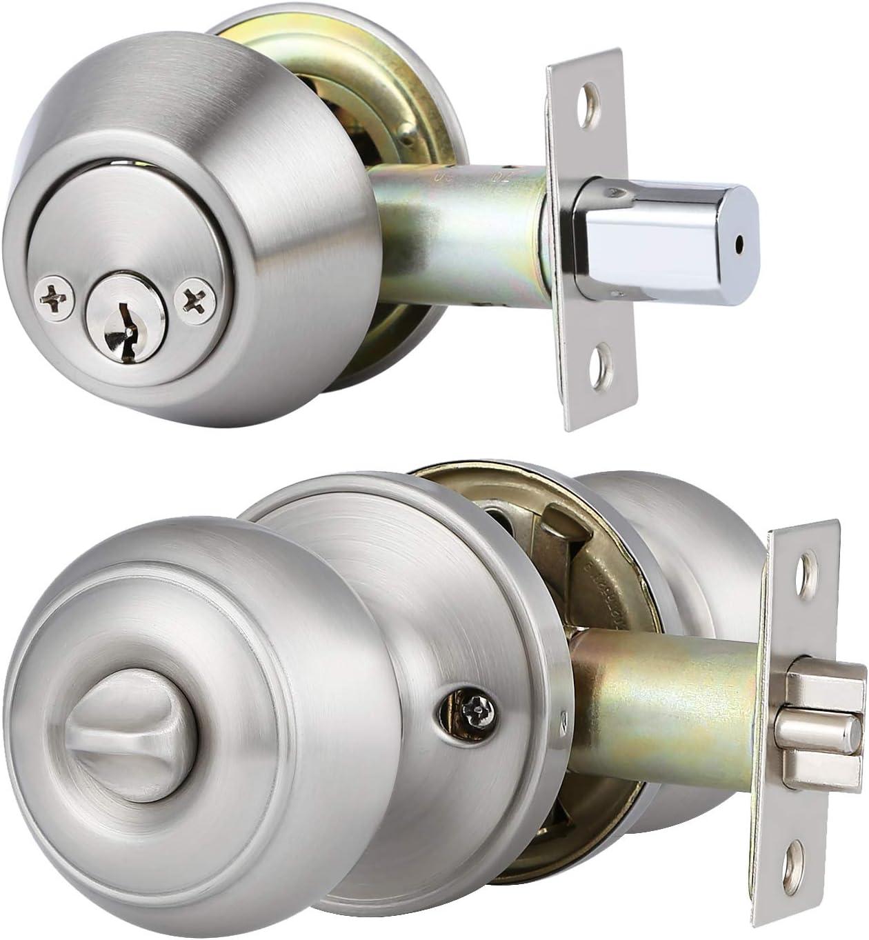 Brushed Nickel Round Stainless Steel Entry Knob and Deadbolt Set