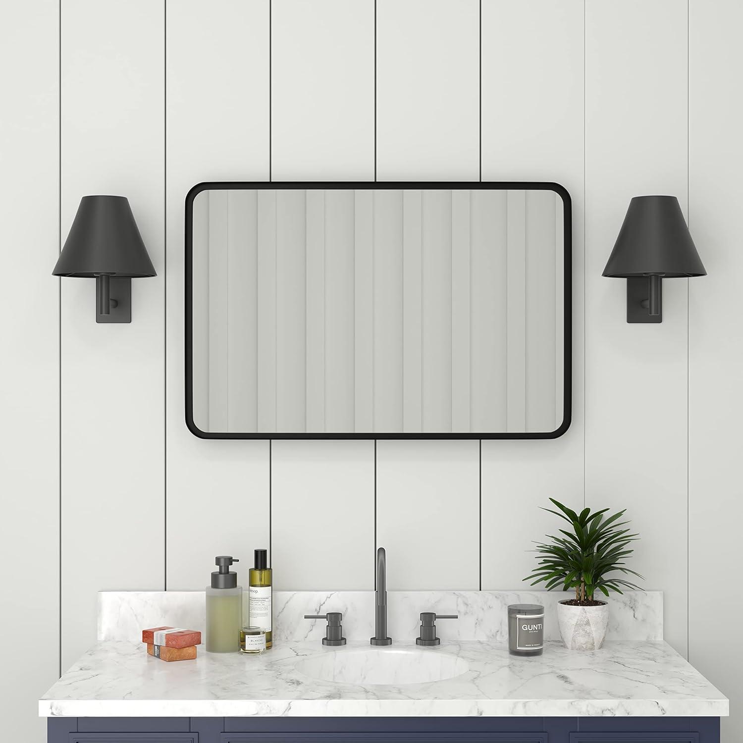 Matte Black Rectangular Wall Mirror with Rounded Corners