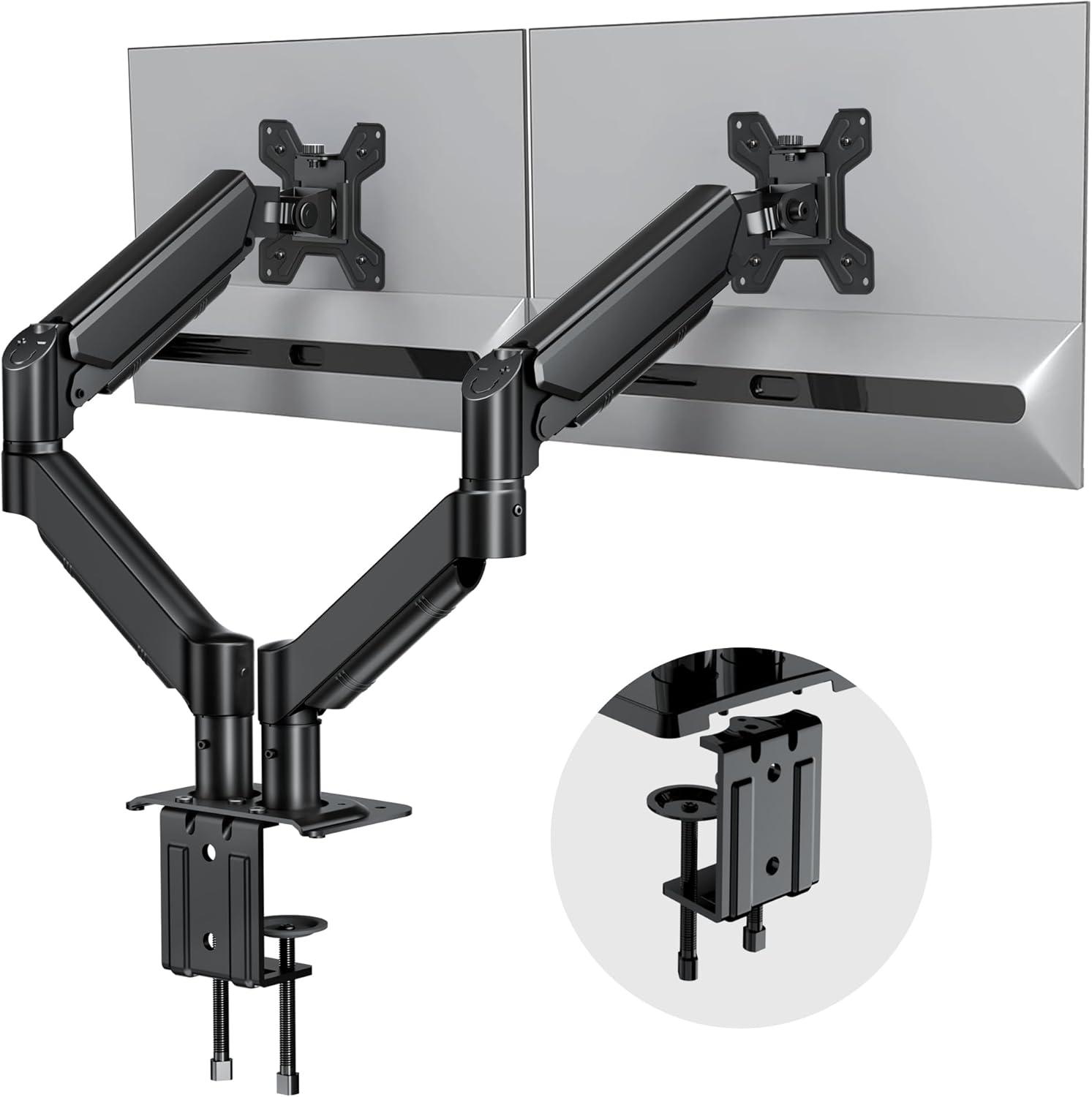 Dual Monitor Stand for Desk-Monitor Arms for 2 Monitors with C Clamp, Grommet Mounting Base for 13-32 Inch Computer Screens - Full Adjustable Monitor Mount Swivel Each Arm Holds 19.8lbs