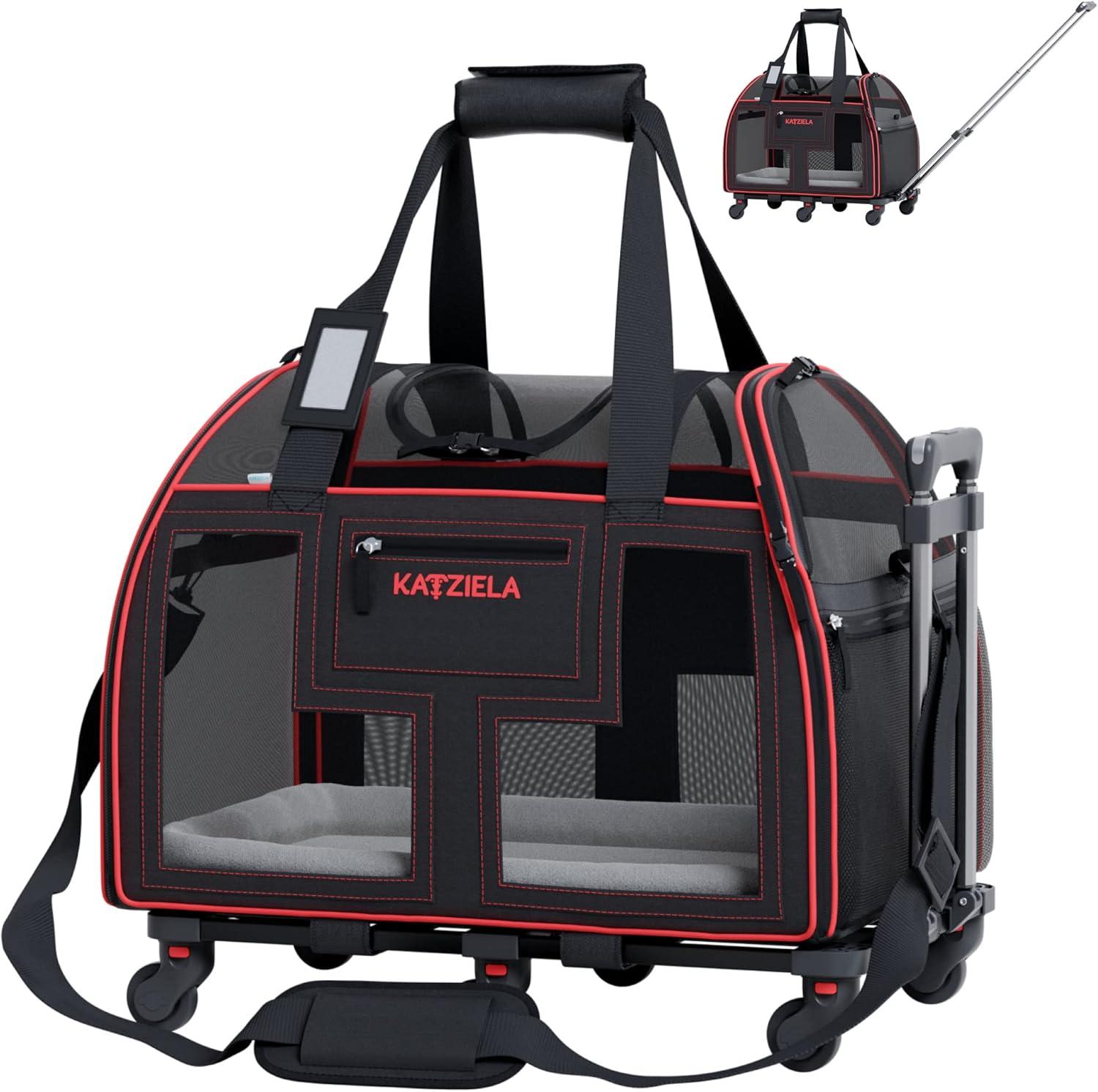 Katziela Luxury Lorry Pet Carrier Removable Wheels and Double Telescopic Handle (Black and Red) Pack 1