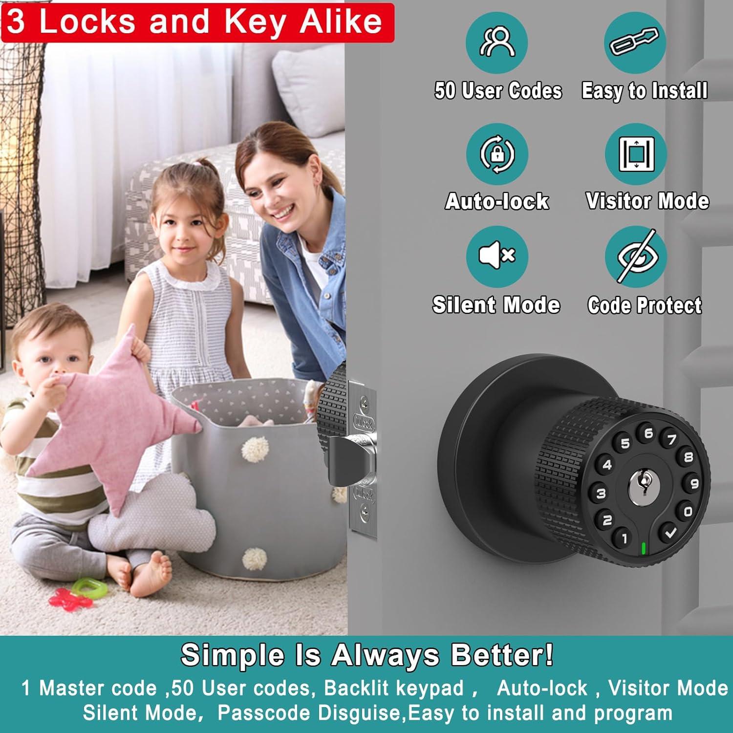 BOTHSTAR Keypad Door Knob with Key,Keyless Entry Door Lock, Code Locks Door Knob, Auto Lock,50 User Code,Easy to Install,for Home,Office,Hotel,Bedroom,Garage,No Deadbolt-Satin Nickel Finish