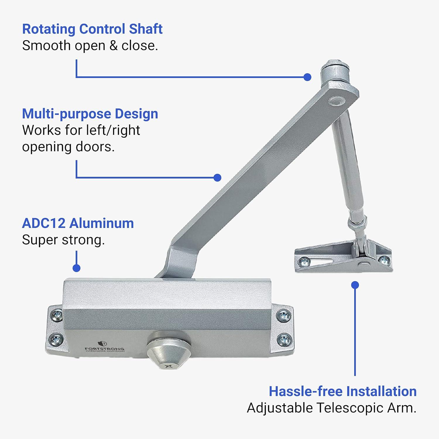FortStrong FS-1306 Grade 3 Spring Hydraulic Door Closer with Mounting Hardware, Adjustable, Automatic, Silver