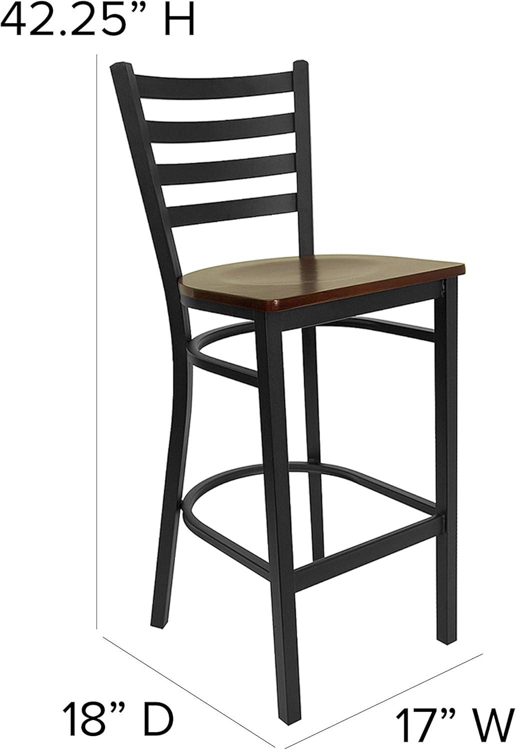 Flash Furniture HERCULES Series Black Ladder Back Metal Restaurant Barstool - Mahogany Wood Seat