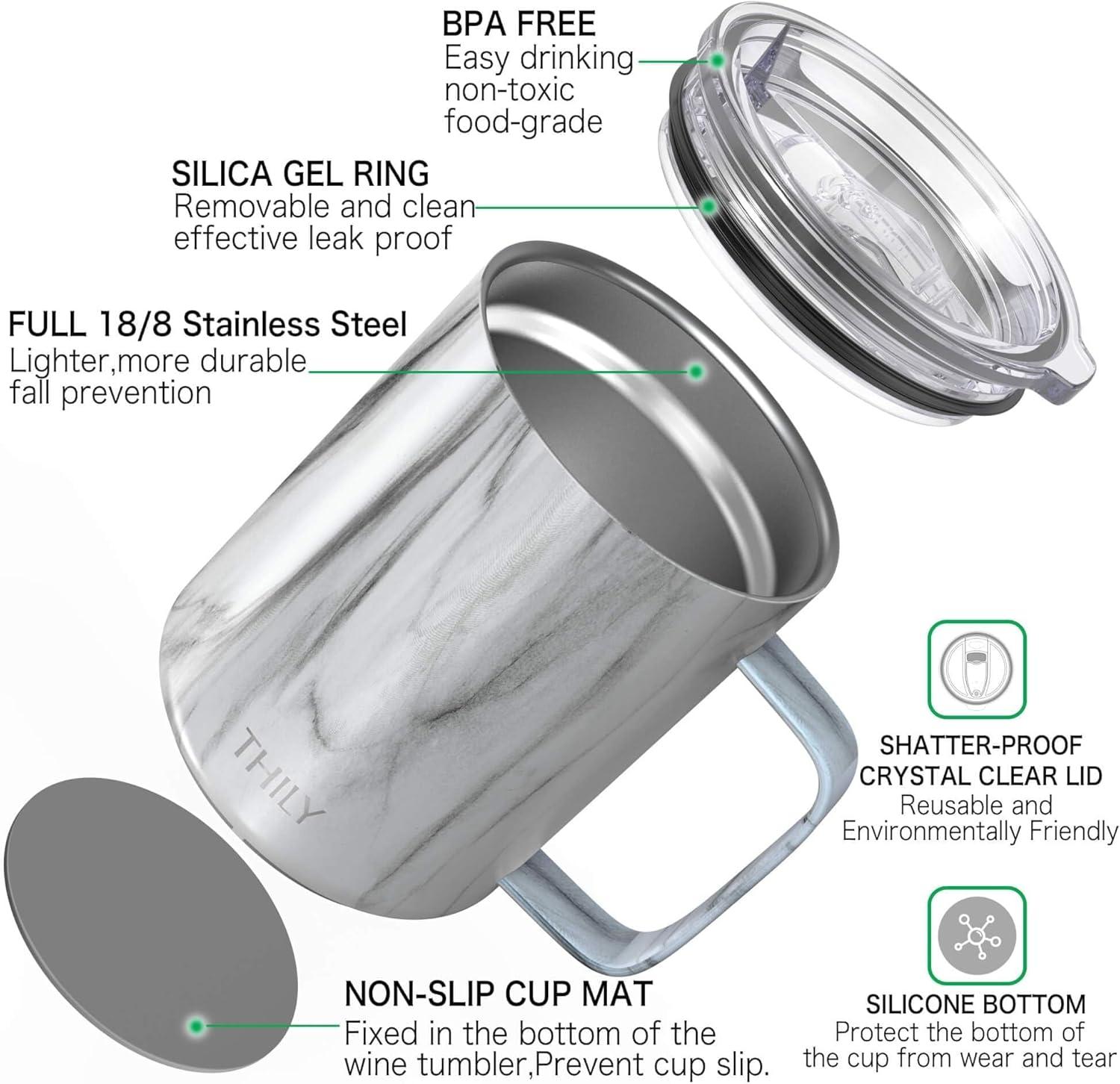 Vacuum Insulated Travel 12 oz Coffee Mug with Handle, THILY Stainless Steel Cup with Spill-Proof Lid, Keep Coffee Cold, Great for Camping, White Marble