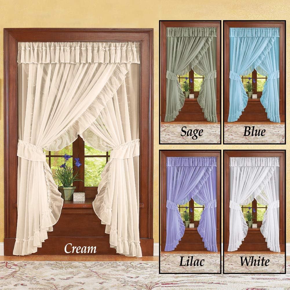 Isabella Ruffled Sheer Fabric Rod Pocket Window Curtain Set, Blue