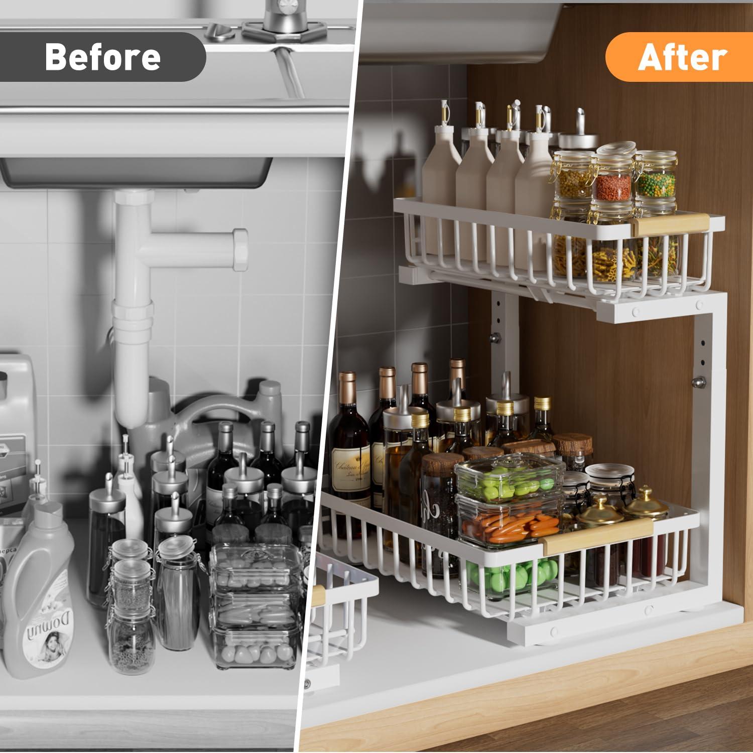 Rebrilliant Under Sink Organizer, 2 Tier Under Sink Organizers And Storage, Metal Slide Out Pull Out Cabinet Organizer ,2 Pack Sliding Drawer Organizer For Kitchen Bathroom Pantry