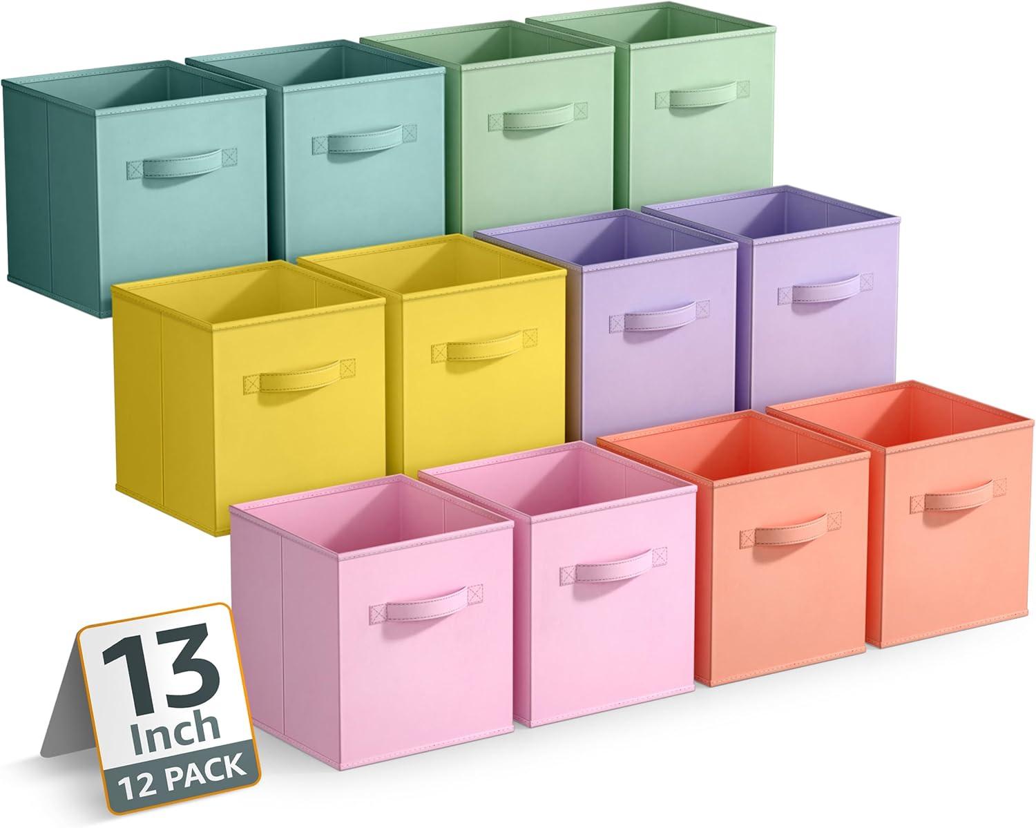 Sorbus 13 Inch Storage Bins - Sturdy Collapsible Fabric Storage Cubes with Handle - 12 Foldable Baskets for Organizing Clothes, Toys, Books, Shelves, Kids Room, Closets, Pastel Multi Color