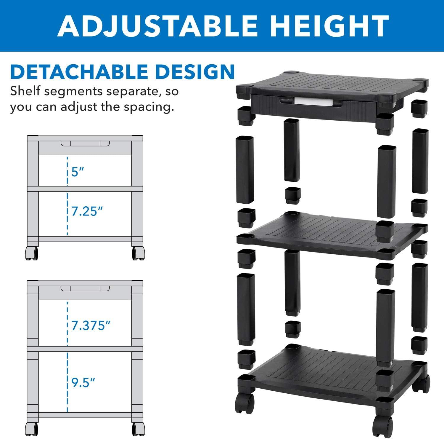 Sleek Black Steel 2-Tier Under-Desk Printer Cart with Wheels