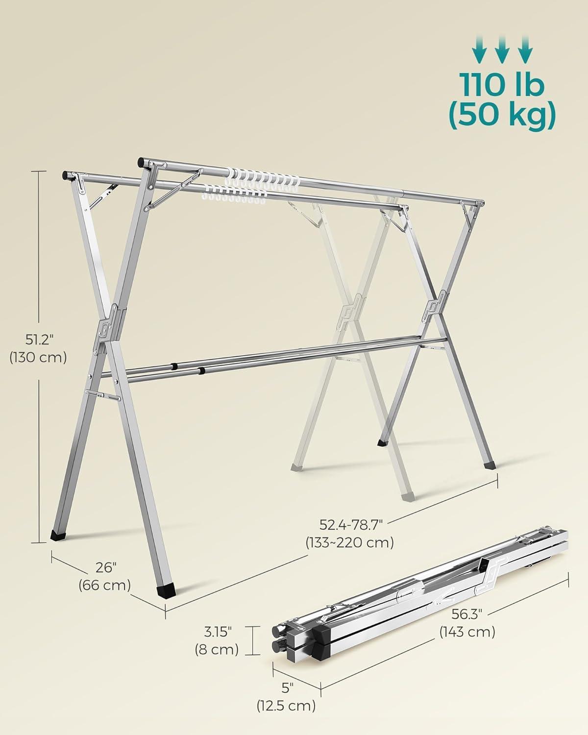 Clothes Drying Rack, Heavy-Duty Laundry Drying Rack, 52.4-78.7 Inches Extendable, Foldable Freestanding Airer, Stainless Steel, for Indoor Outdoor Use, Dove Gray ULLR902E01