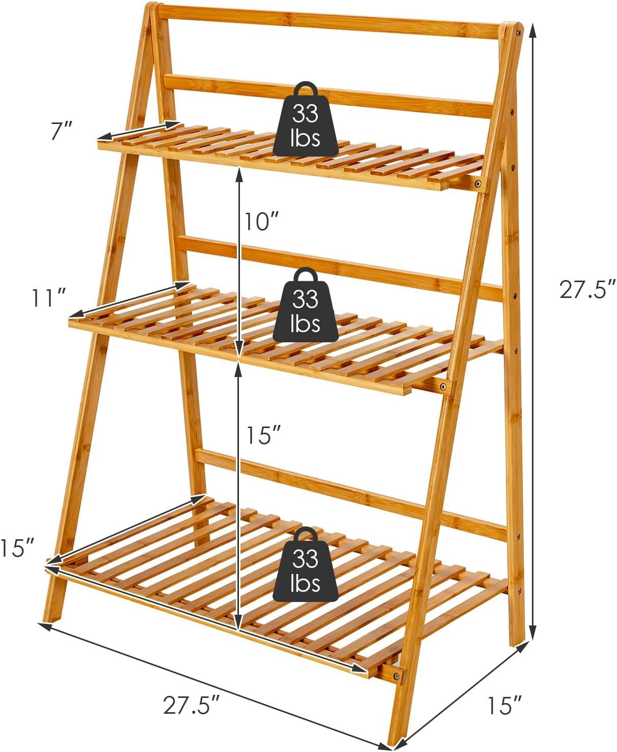 Costway Bamboo Ladder Plant Stand 3-Tier Foldable Flower Pot Display Shelf Rack Natural