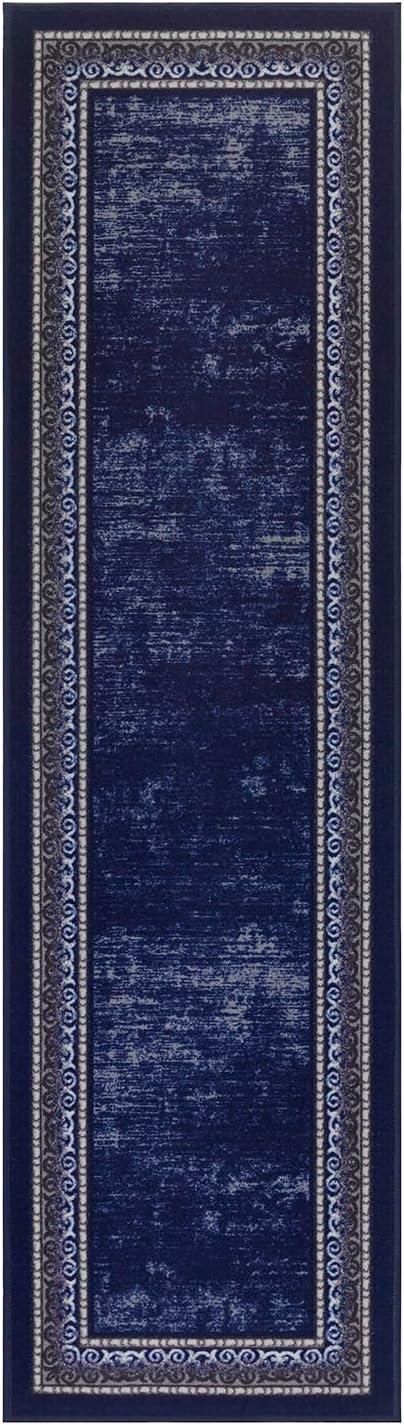 Antep Rugs Alfombras Bordered Modern 2x7 Non-Slip (Non-Skid) Low Pile Rubber Backing Indoor Area Runner Rug (Navy, 2' x 7')