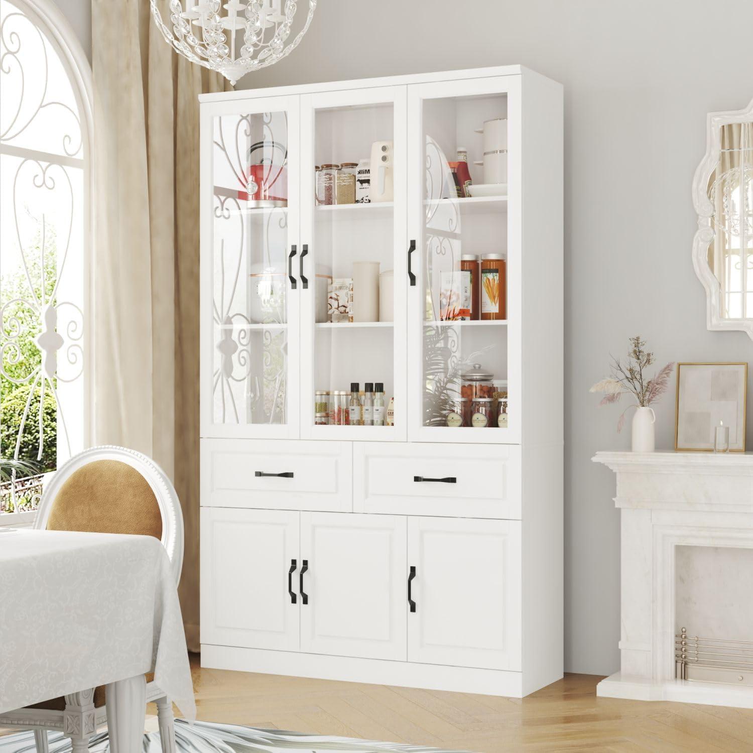 White Gloss 78.7" Kitchen Pantry Cabinet with Glass Doors and Drawers