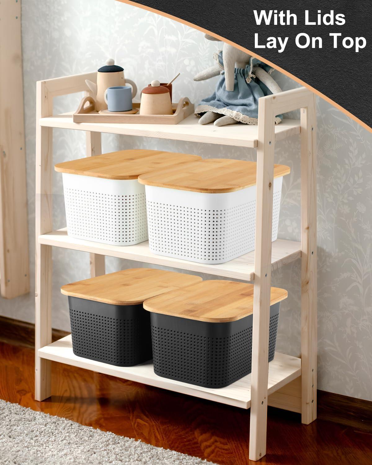 Black Plastic Storage Bins with Bamboo Lids