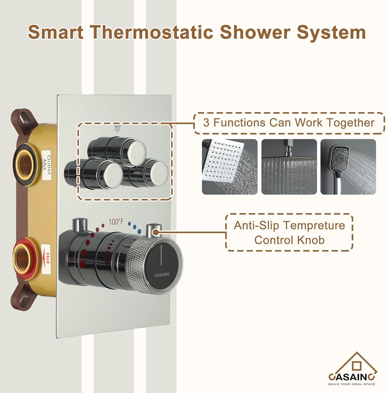 Rainfall Symphony 3-Function Dual Shower Head Thermostatic Shower System with 3 Sprays Handheld