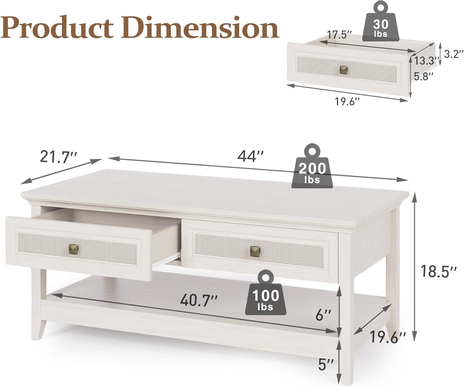 Royalcraft Farmhouse Coffee Table, Boho Tea Table with 2 Rattan Decor Drawers, Accent Center Sofa Table with Storage Shelf, 2 Tier Coffee Table for Bedroom, Living Room, Home Office, Grayish White