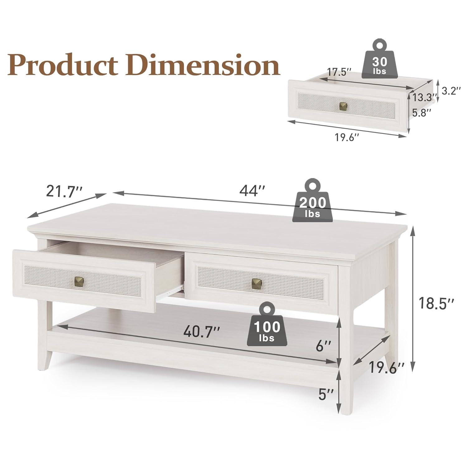 Royalcraft Farmhouse Coffee Table, Boho Tea Table with 2 Rattan Decor Drawers, Accent Center Sofa Table with Storage Shelf, 2 Tier Coffee Table for Bedroom, Living Room, Home Office, Grayish White