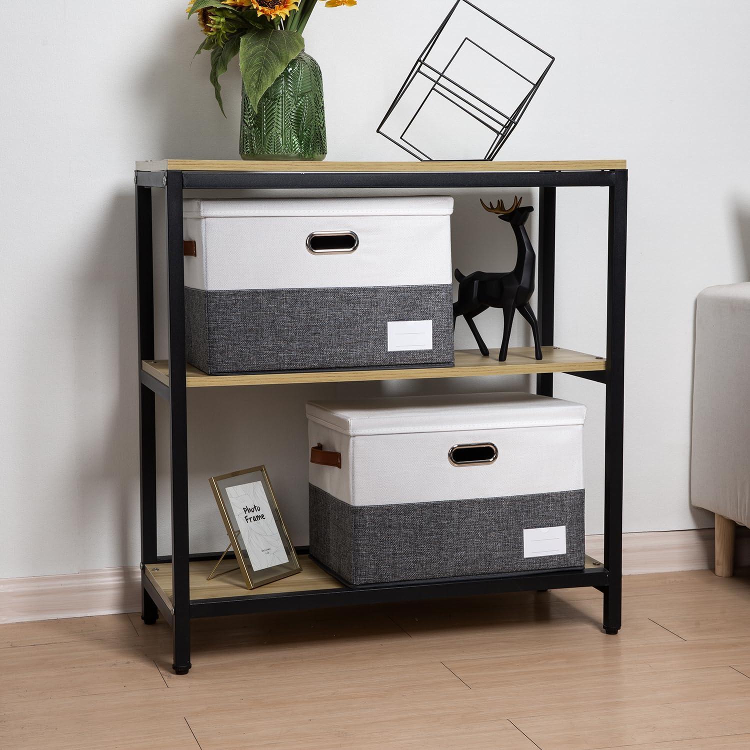 3 Pack Collapsible storage bins with lid. Foldable Storage bins for shelves, closet, office bedroom, or nursery. Containers made with linen fabric and stainless steel handles for organizing.