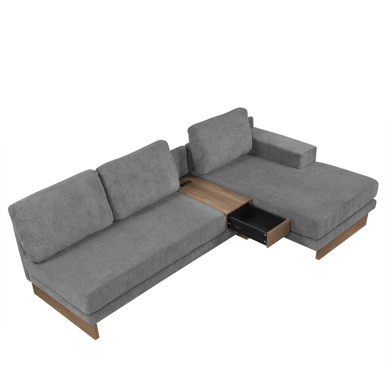 114" L-shaped Sofa Sectional Sofa with Two USB Ports and Two Power Sockets, A Storage Drawer and A Reversible Chaise Lounge for Living Room