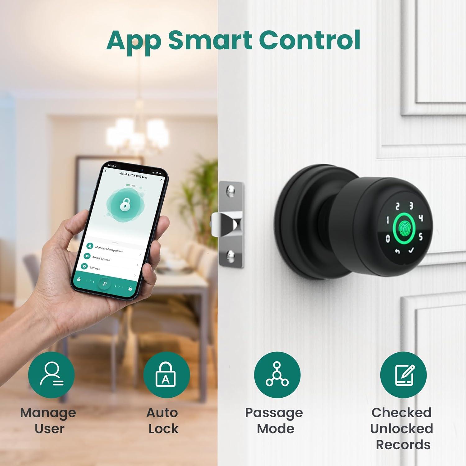 GHome 4 in 1 Smart Fingerprint Door Knob with Keypad Door Lock, Biometric Smart Door Knobs & App Control, Keyless Entry Door Lock Great for Home, Bedroom, Apartment Offices, Garages