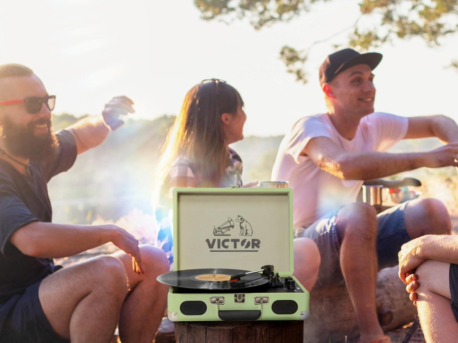 Victor Metro Plus Battery-Powered Bluetooth Suitcase Turntable | 3-Speed Vinyl Record Player with Built-in Stereo Speakers, Rechargeable Battery, RCA Output, Aux Input, and 45 RPM Adaptor, VSRP-850B