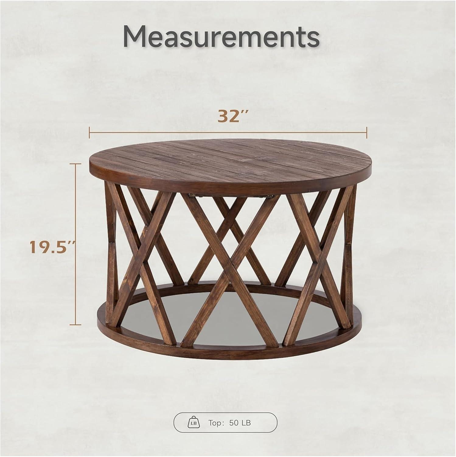 COZAYH Farmhouse Coffee Table, Rustic Round Coffee Table with X-Motifs Legs, Wood Textured Top, for Boho, French Country Decor, Brown