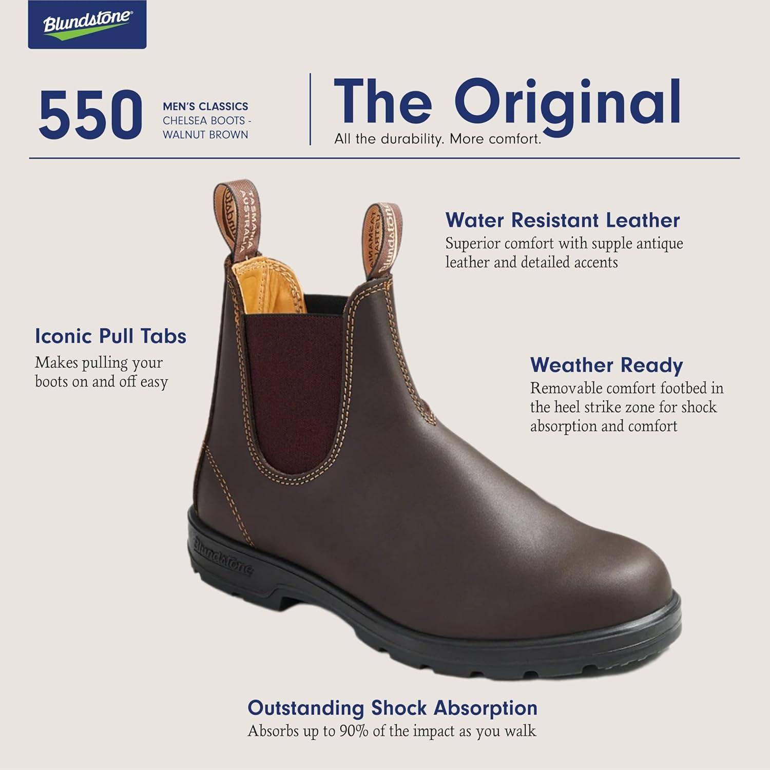 Blundstone 550 Unisex Chelsea Boots, Premium Water Resistant Leather with a Cushioned Midsole and Elastic Side For Men and Women, Walnut Brown 10 AU