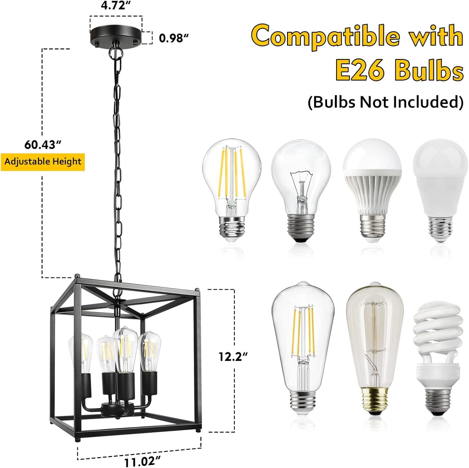 4 Light Chandelier, Industrial Ceiling Light Black Lantern Light Fixtures with Farmhouse Metal Cage Adjustable Height Rustic Geometric Hanging Light E12 Base for Kitchen Island, Entryway, Indoor