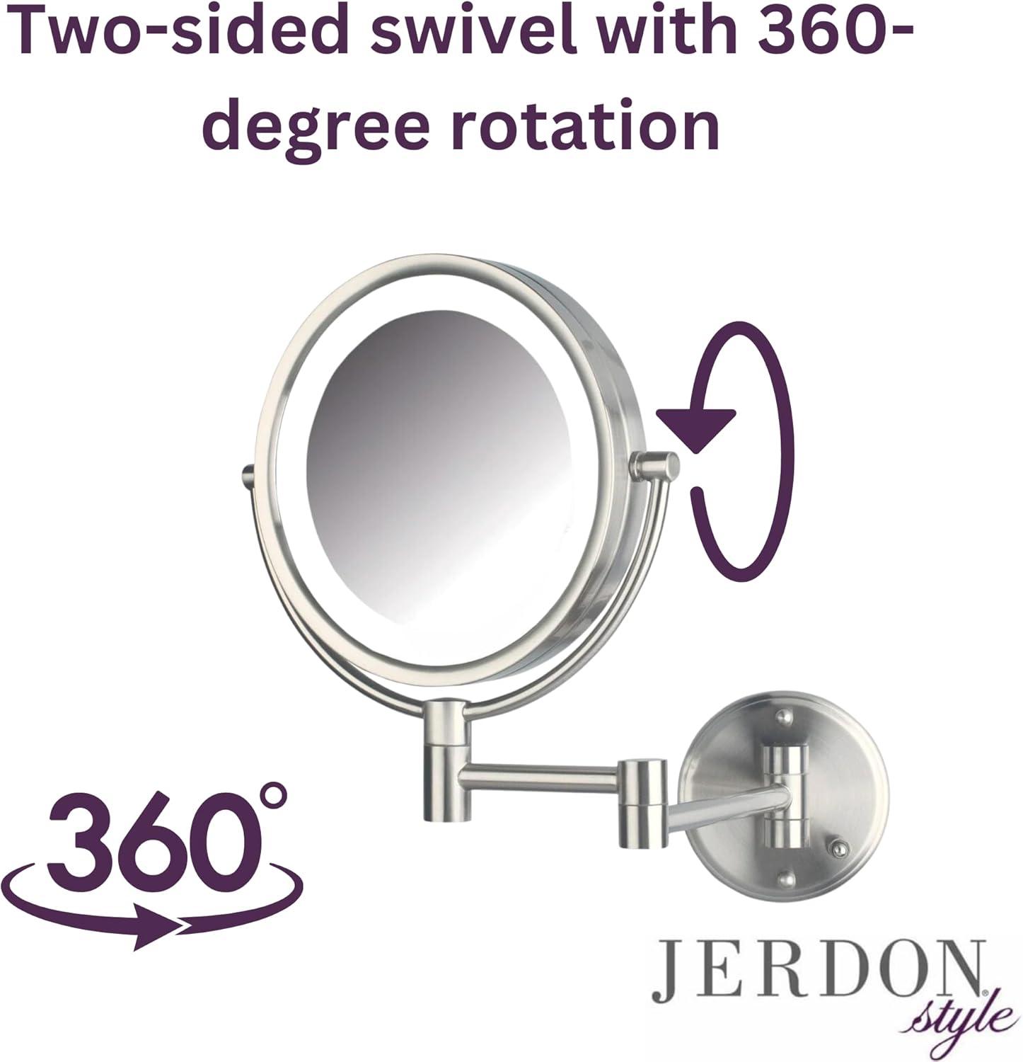 Jerdon 8.5 inch Diameter LED Lighted Makeup Mirror, 8X-1X Magnification, Nickel Finish, Direct Wire -Model HL88NLD