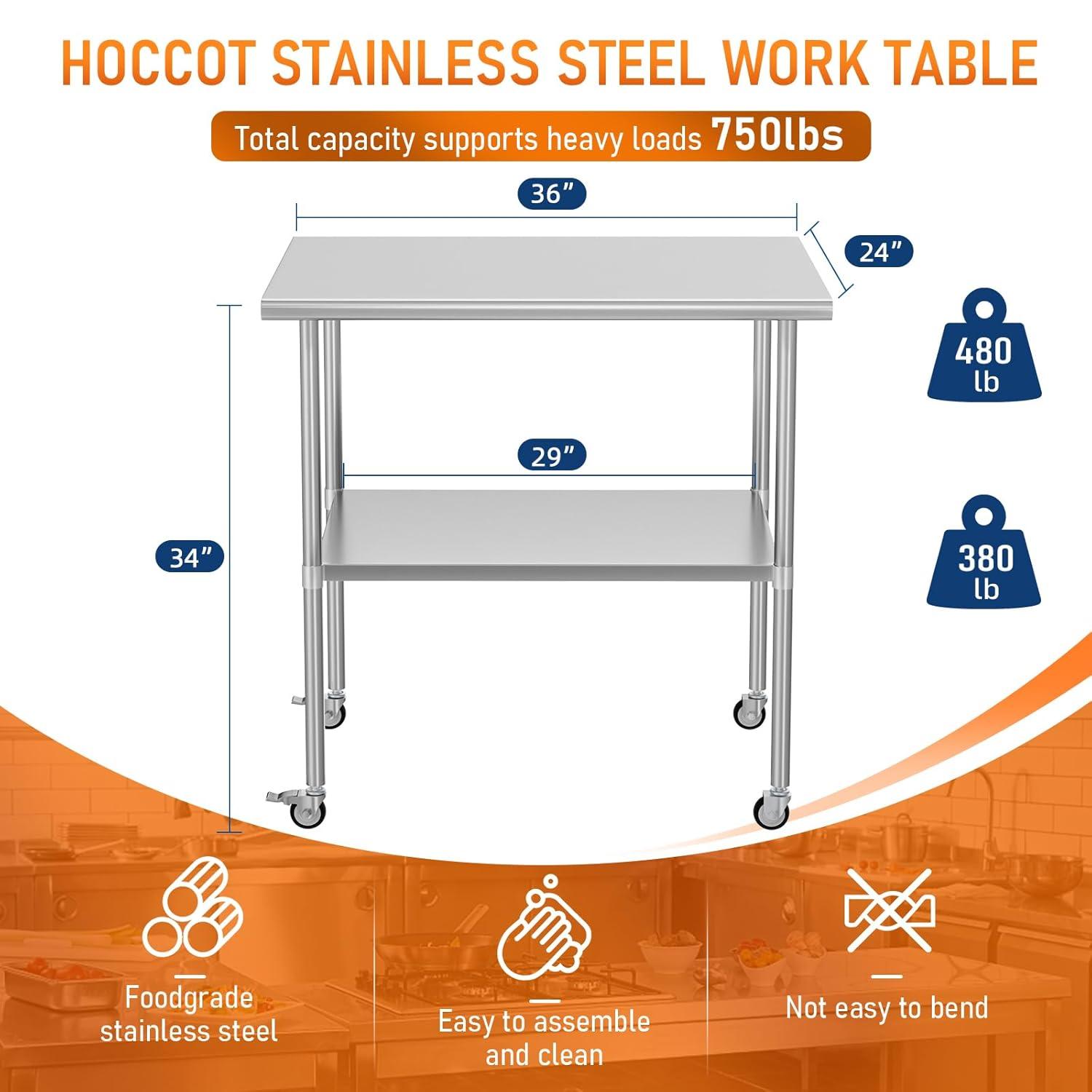 36"x24" Stainless Steel Kitchen Work Prep Table Commercial Workbench With Wheels