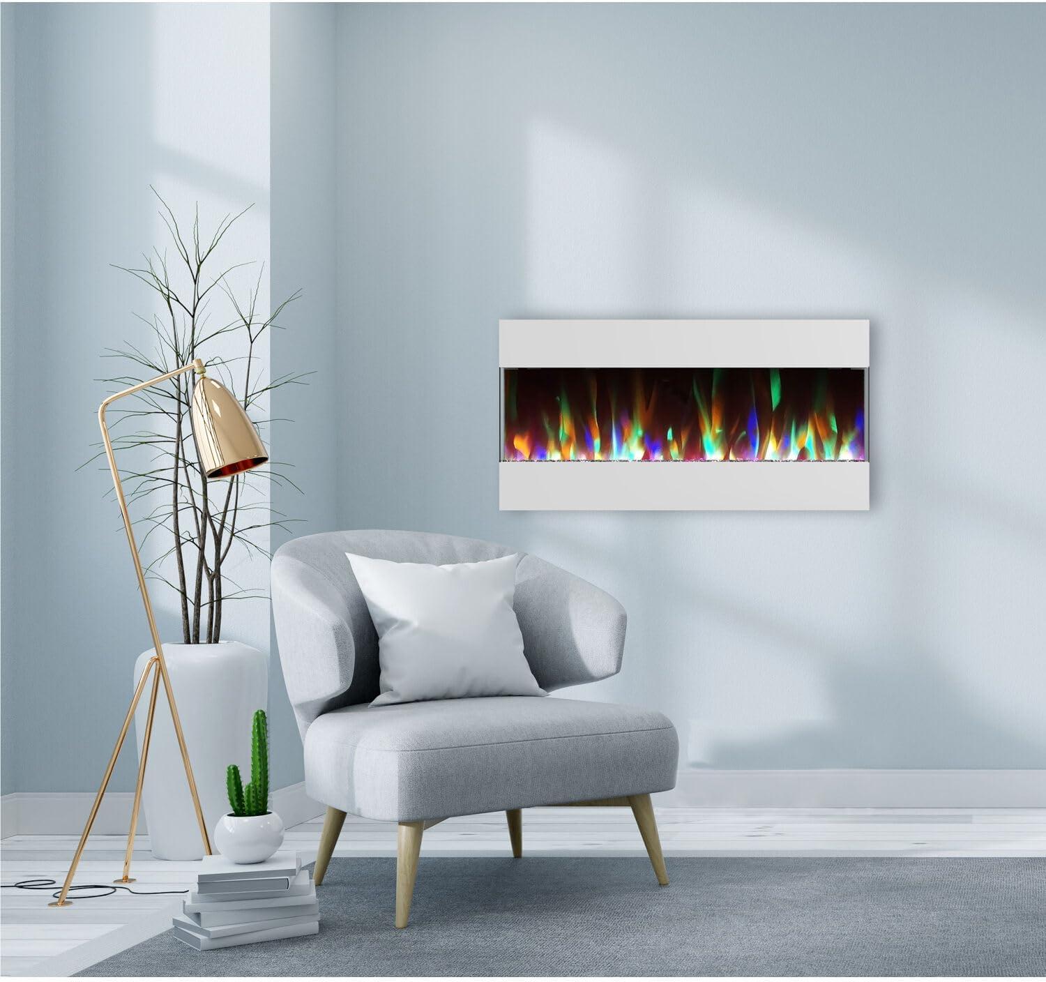Cambridge 42 In. Recessed Wall Mounted Electric Fireplace with Crystal and LED Color Changing Display, White