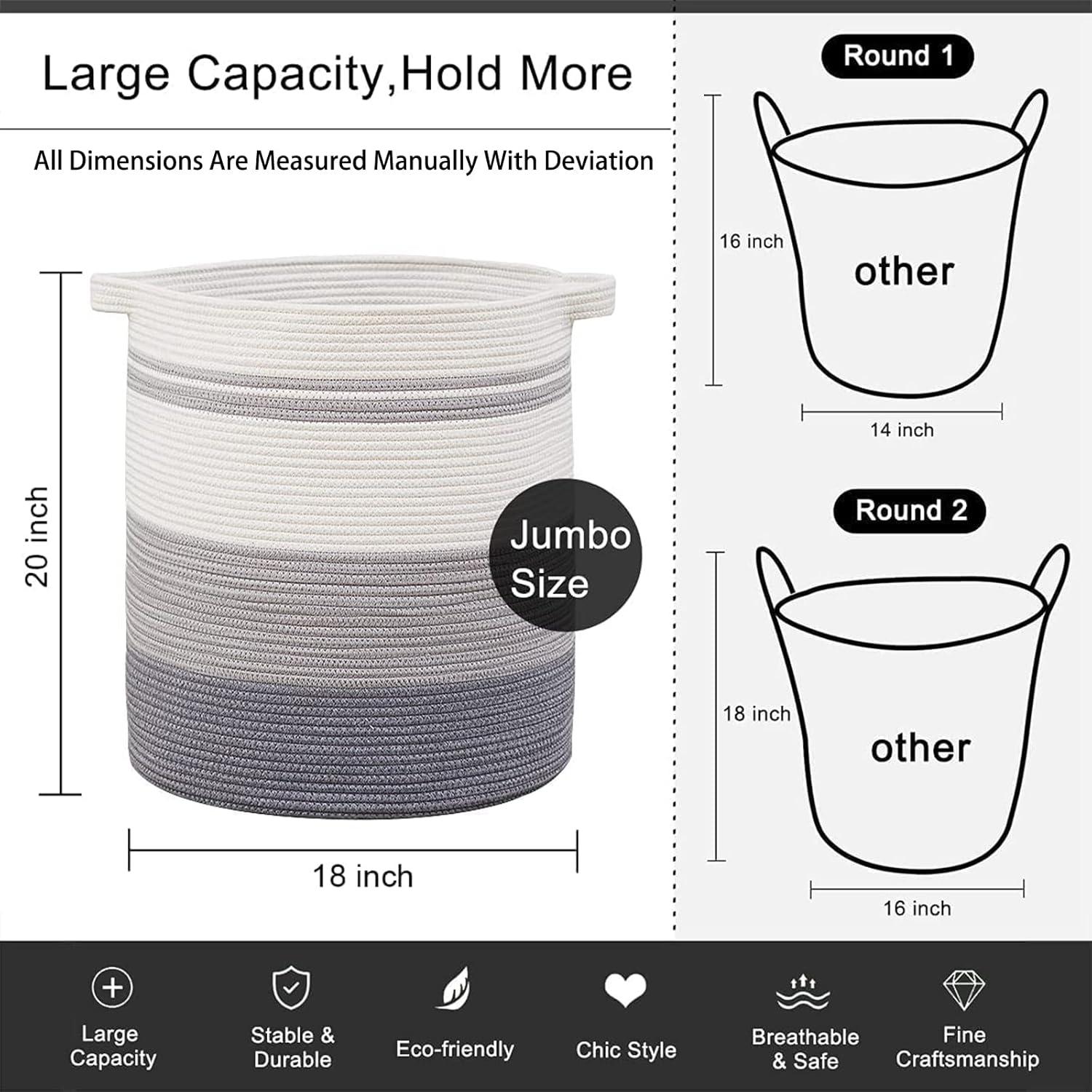 Large Gray and White Cotton Rope Collapsible Laundry Hamper