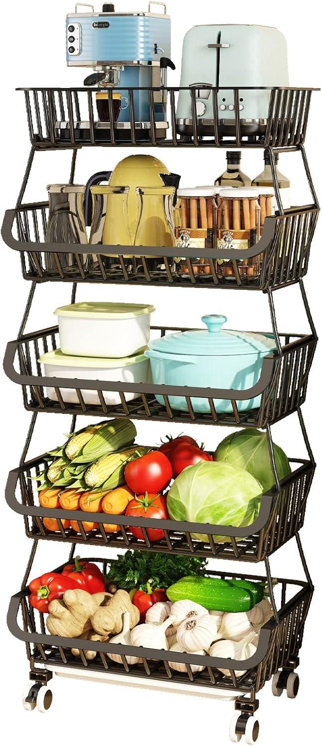 Wisdom Star 5 Tier, Kitchen Fruit Vegetable Storage Cart, Vegetable Basket Bins for Onions and Potatoes, Wire Storage Organizer Utility Cart with Wheels, Black