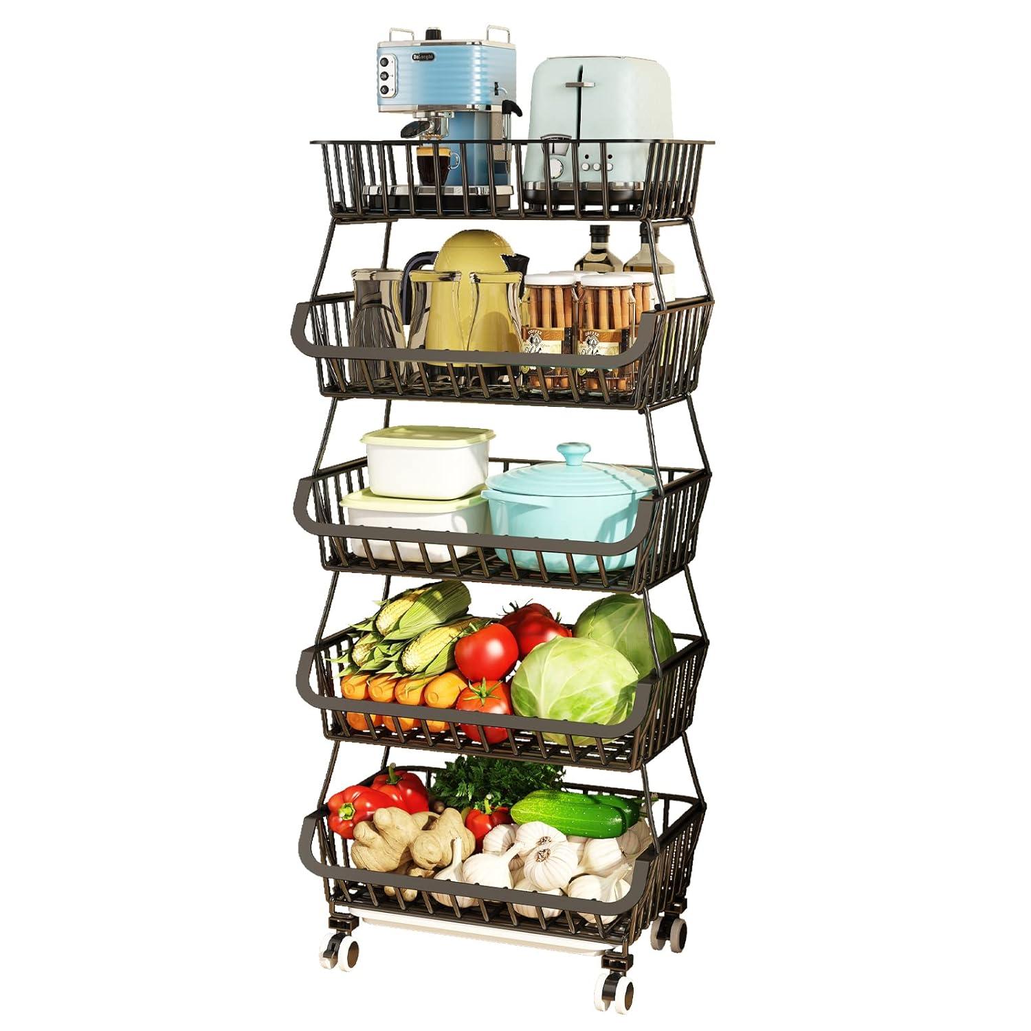Wisdom Star 5 Tier, Kitchen Fruit Vegetable Storage Cart, Vegetable Basket Bins for Onions and Potatoes, Wire Storage Organizer Utility Cart with Wheels, Black