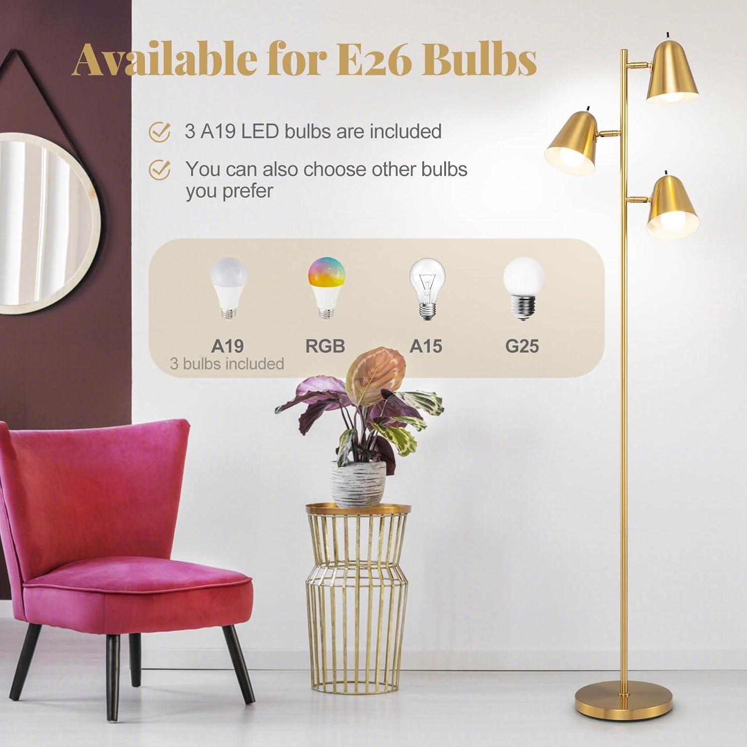 Tangkula 64" Mid Century Modern Floor Lamp 3 Light Tree, Standing Tall Pole Lamp w/ 3 LED Bulbs & Adjustable Heads (Antique Brass)