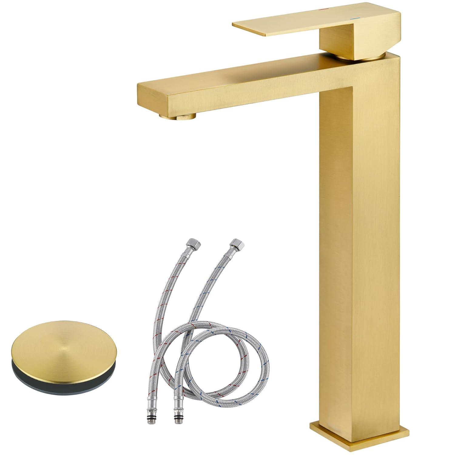 Gold Vessel Sink Faucet, Brushed Gold Tall Single Handle Bathroom Vessel Sink Faucet 1 Hole, Modern Stainless Steel Restroom Vanity Faucet with Metal Pop Up Drain and Water Supply Hose