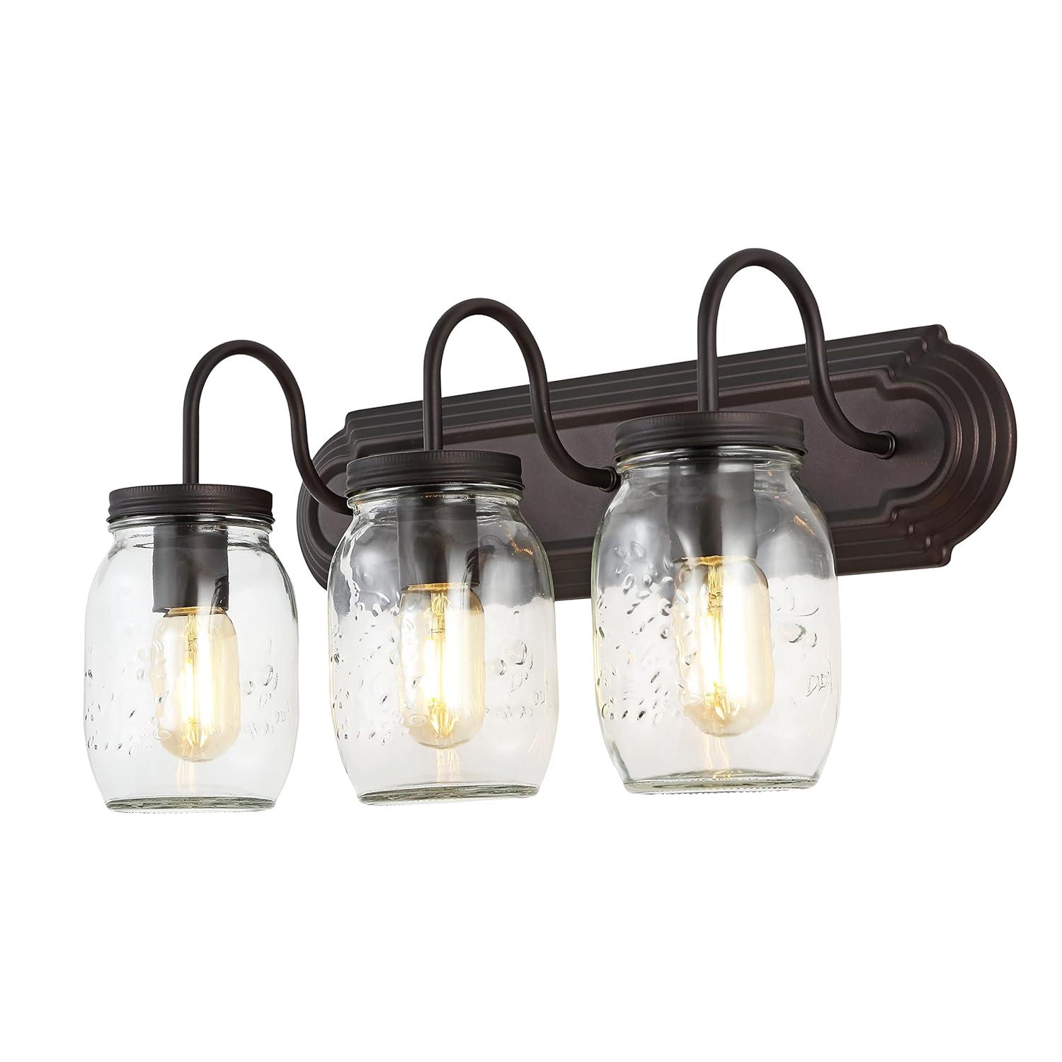 Gaines 19.3" 3-Light Farmhouse Industrial Iron Mason Jar LED Vanity, Oil Rubbed Bronze/Clear