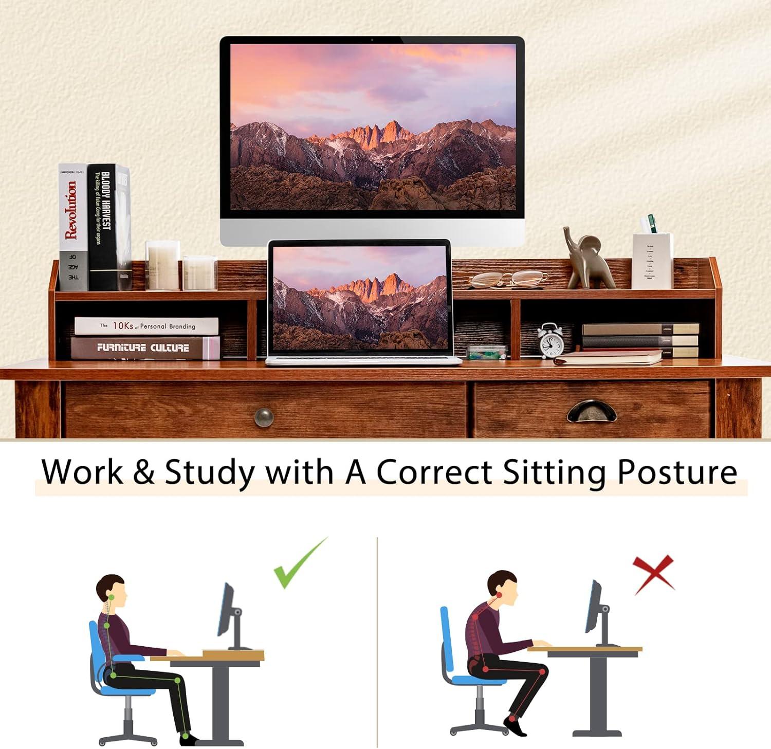 GVN Vintage Computer Desk with Storage Shelves and 4 Drawers-Rustic Brown, Desk for Bedroom, Gaming Computer Desks for Study,Working,Writing