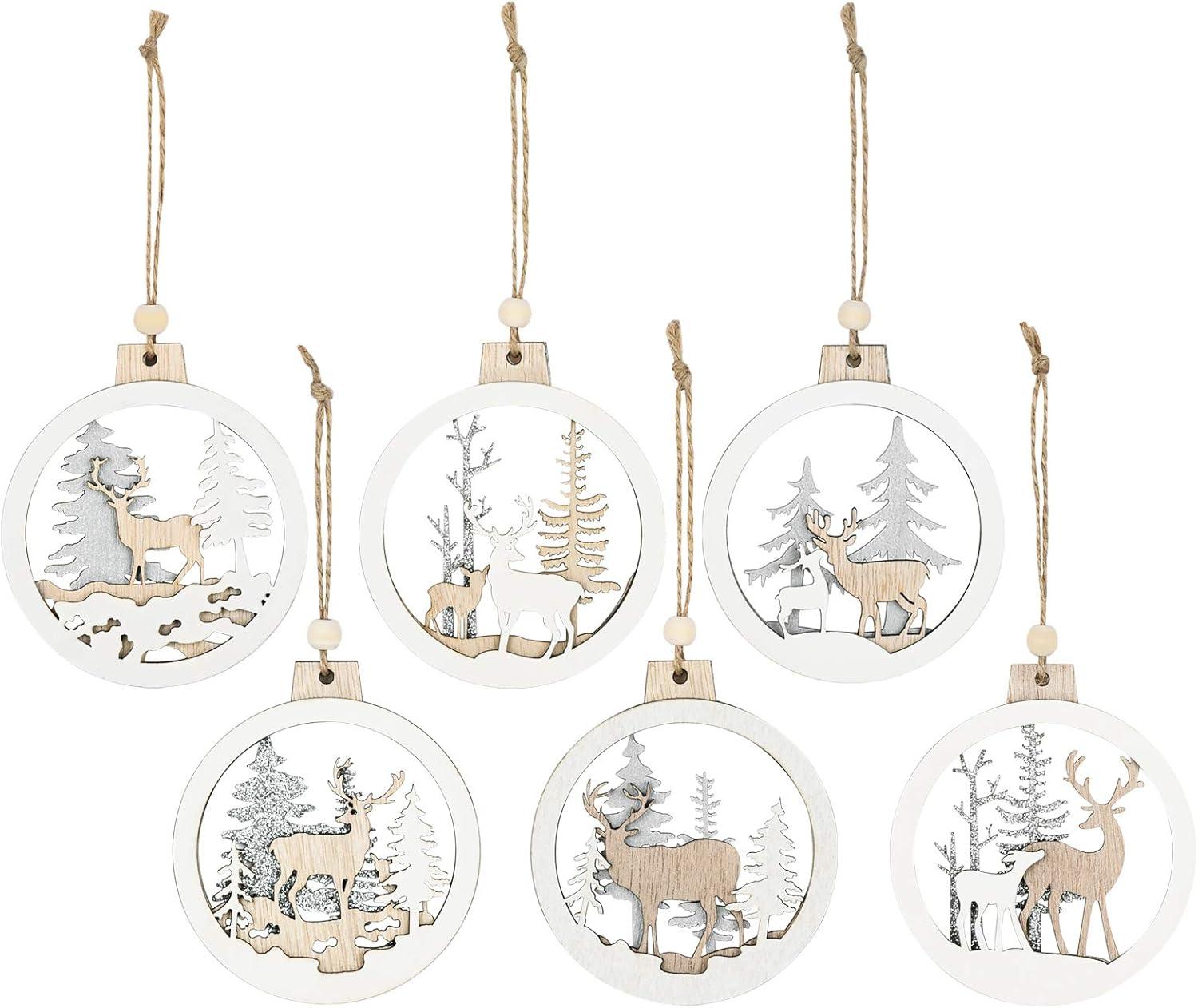 JOYFY 6pcs Christmas Hanging Ornaments Xmas Wooden Hanging Reindeer Ornament for Christmas Tree