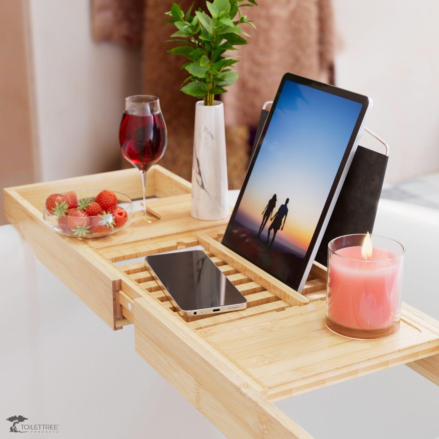 ToiletTree Products Bamboo Bathtub Caddy with Extending Sides and Adjustable Book Holder
