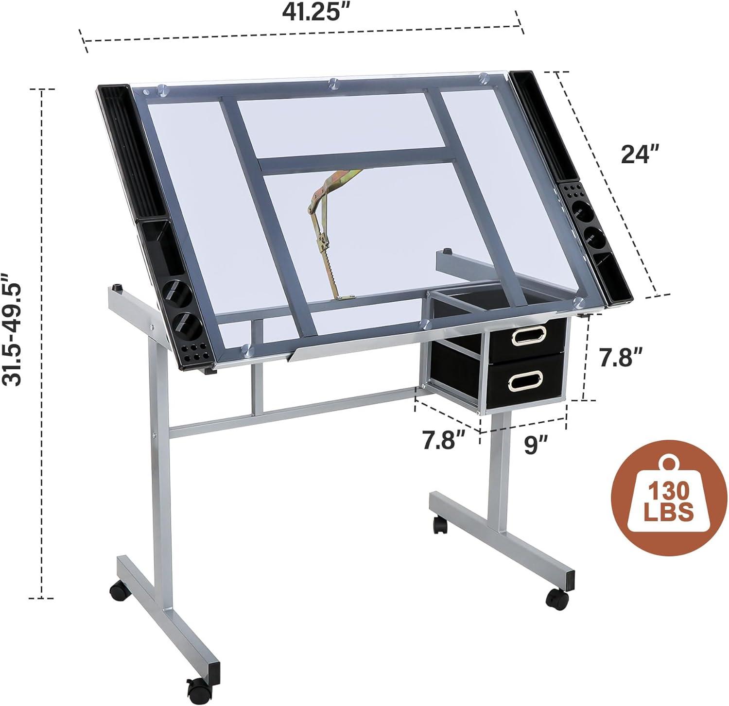 Adjustable Blue Glass Drafting Table with Storage Drawers