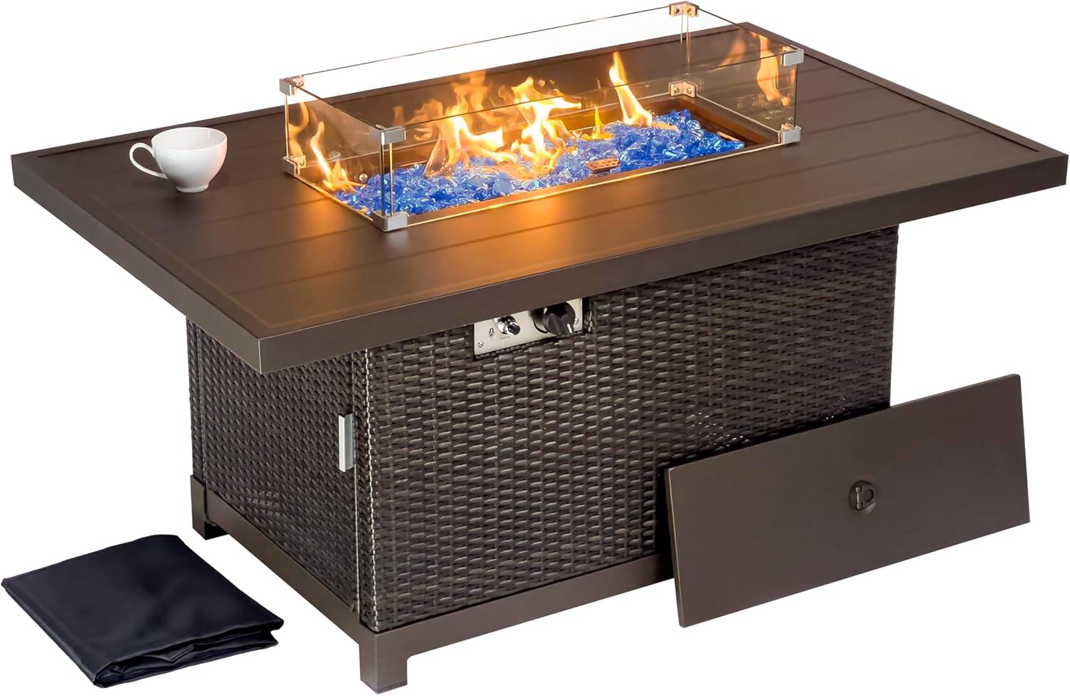 Kinger Home Novi 52in Rattan Wicker Propane Fire Pit Table, 50,000 BTU