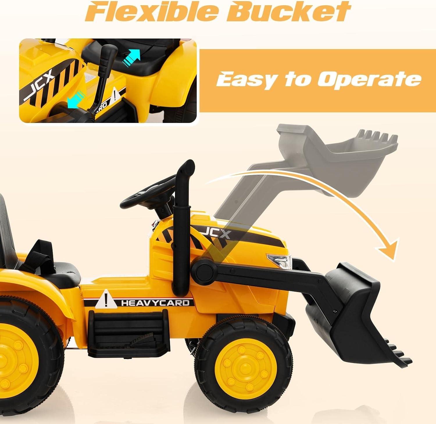 CIPACHO 12V Kid's Ride on Excavator with Adjustable Digging Bucket, 4WD Ride on Toys for Kids 3-8, Yellow